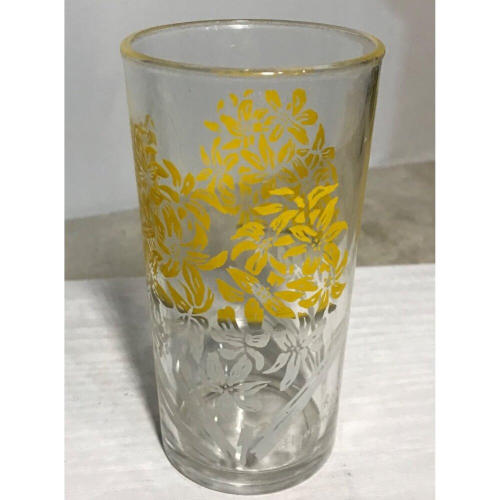Vintage Yellow Floral Juice Glass Tumbler Dominion Glass Canada 5"